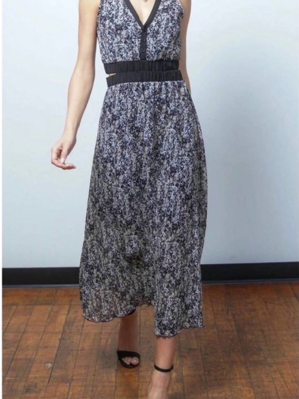 Central Park West Black Tan  White Printed Maxi Dress  medium nwt
